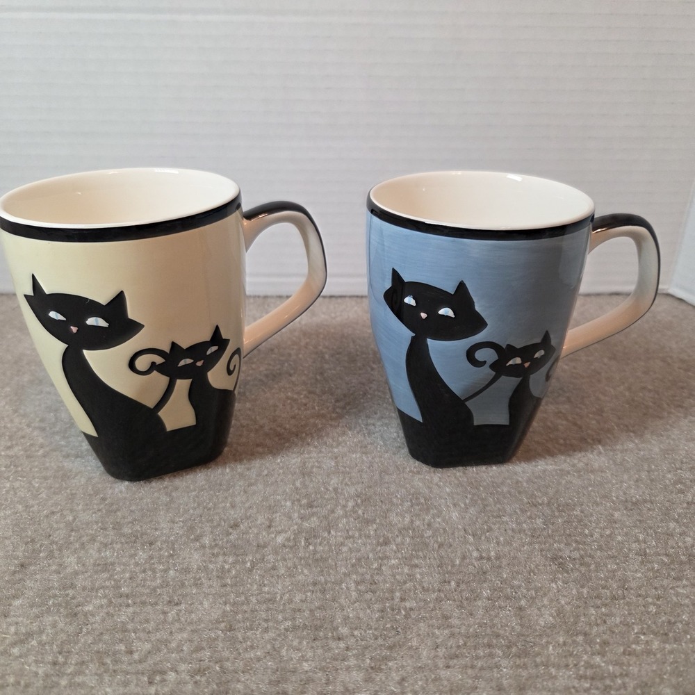 Hues N Brews Cat Coffee Mug Set of 2 Black Cat Paw Prints Blue Cream Ceramic